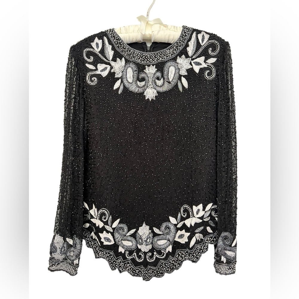Draper’s & Damon’s  Vintage Womens Top Black Silver Beaded Embroidered Size S